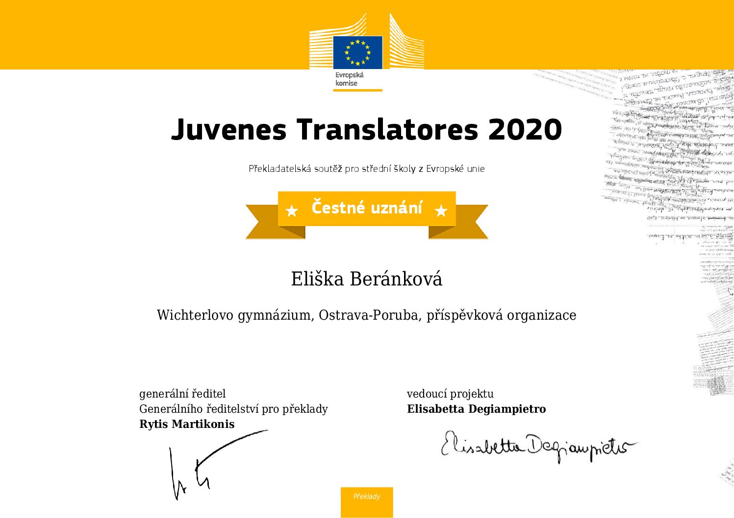 Juvenes Translatores – ocenění Elišky Beránkové v mezinárodní překladatelské soutěži